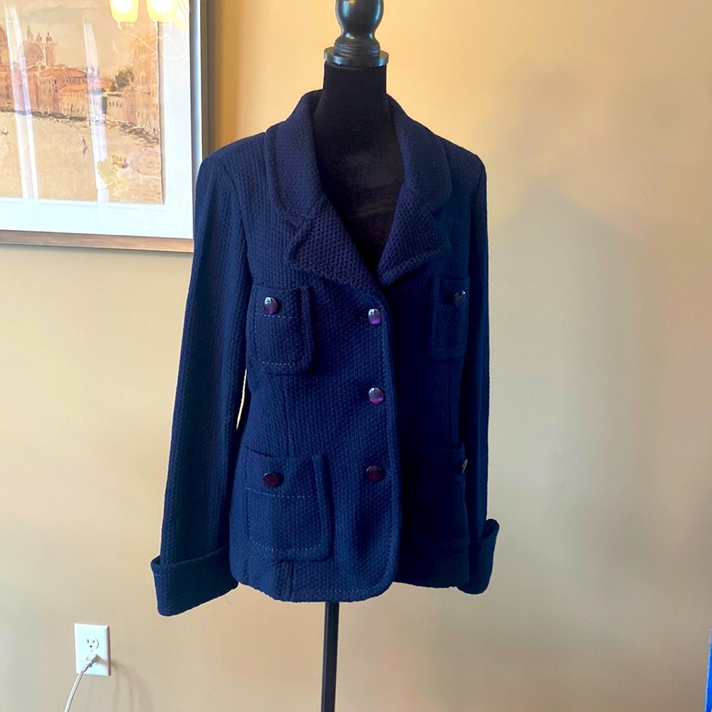 St John Caviar Size 12 navy knit single breasted jacket with cuffed sleeves.